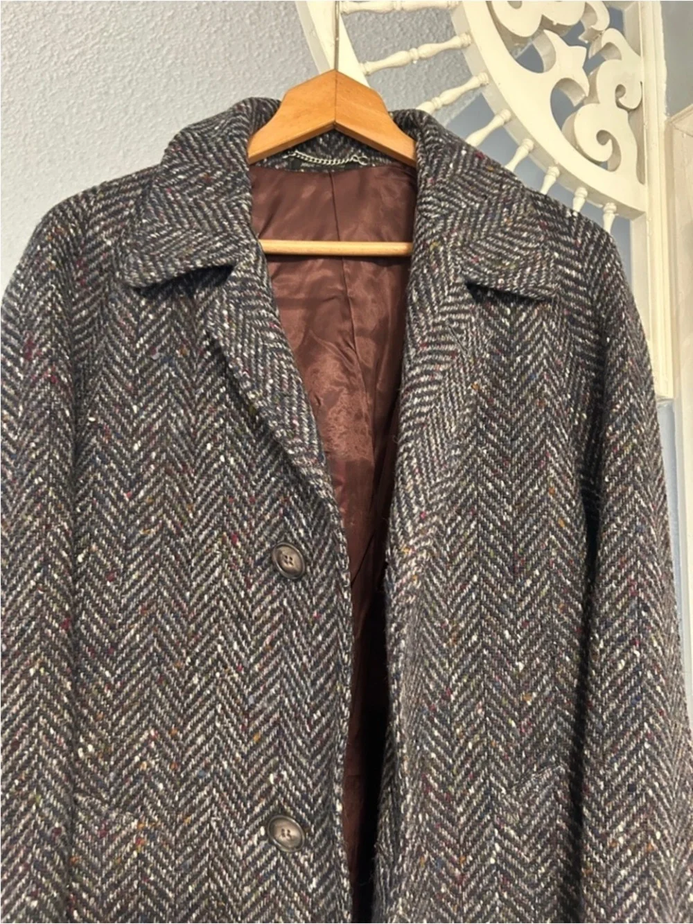 80s Donegal Tweed Men’s Wool Tweed Coat Herringbone Overcoat Made in Ireland